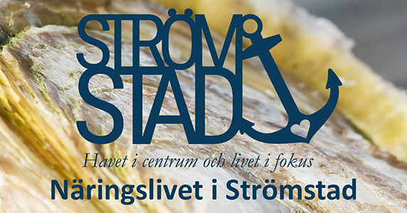 Närbild på ett ostron och texten Näringslivet i Strömstad.