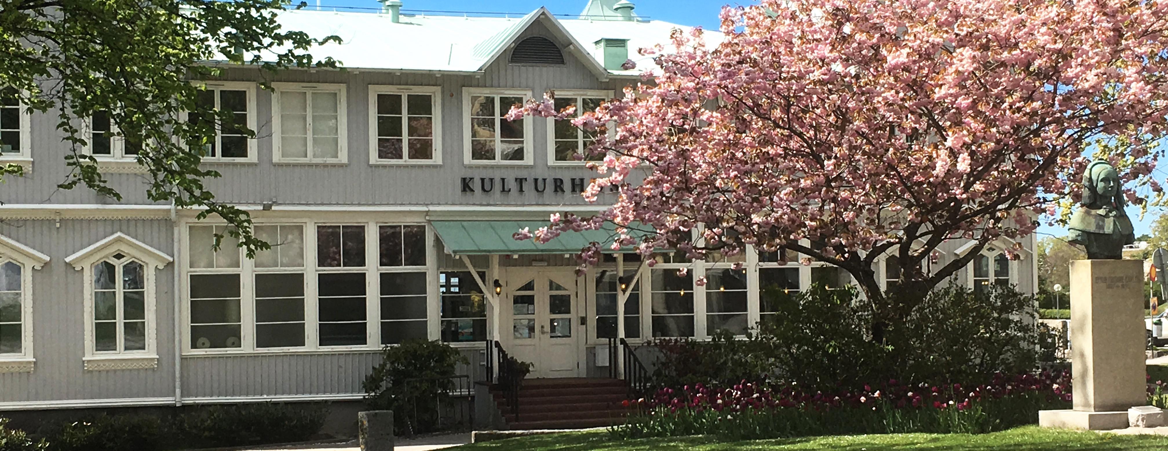 Kulturhuset i maj med blommande rosa körsbärsträd utanför.