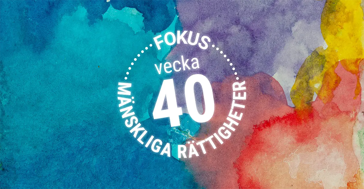 Bakgrund akvarell i blått, lila, gult och orange och text i en rundel FOKUS MÄNSKLIGA RÄTTIGHETER