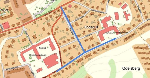Kartbild över arbetsområdet längs med Östergatan, Prästgatan och Storgatan